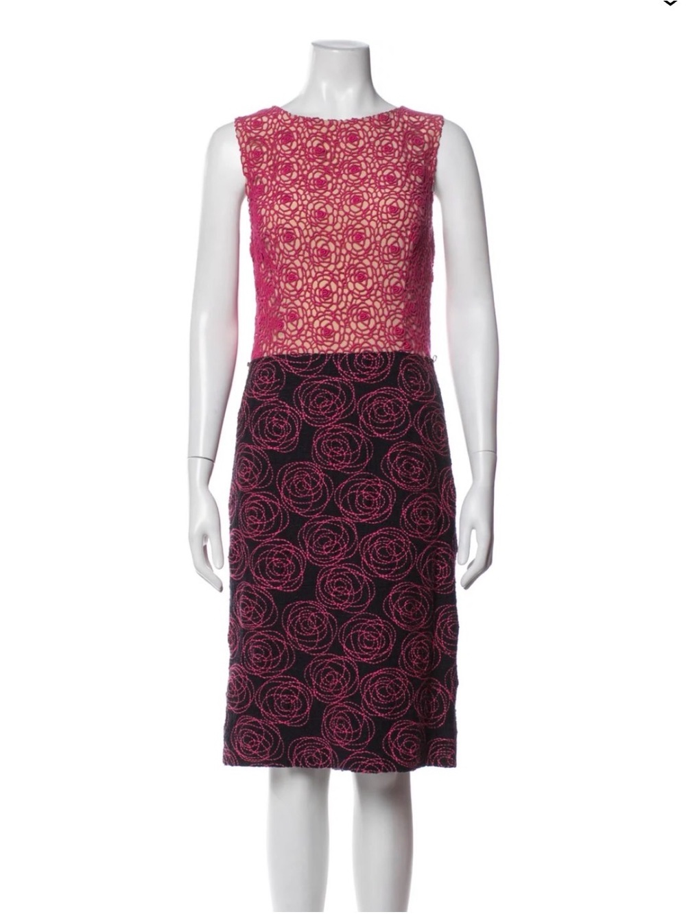 Oscar de la Renta Pink Lace & Black Spiral-Print Midi Dress